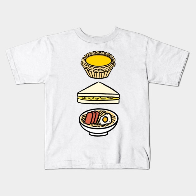 Chinese Egg Tart, Scrambled Egg Sandwich, and Luncheon Meat and Egg Instant Noodles Kids T-Shirt by bonniemamadraws